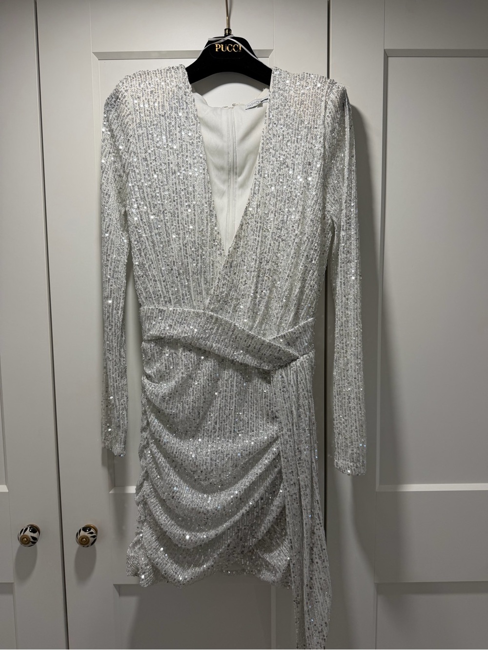 Fashion Nova White Sequin Long Sleeve Wrap Mini Dress